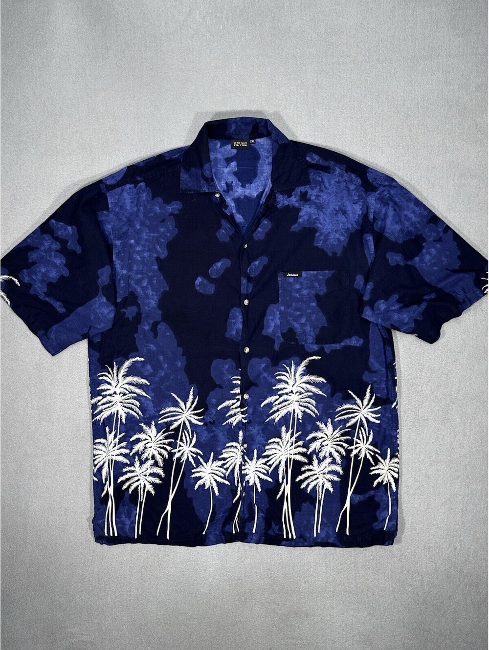 Men’s Revue Hawaiian Camp Shirt XXL Blue Palm Tree Button Up Casual